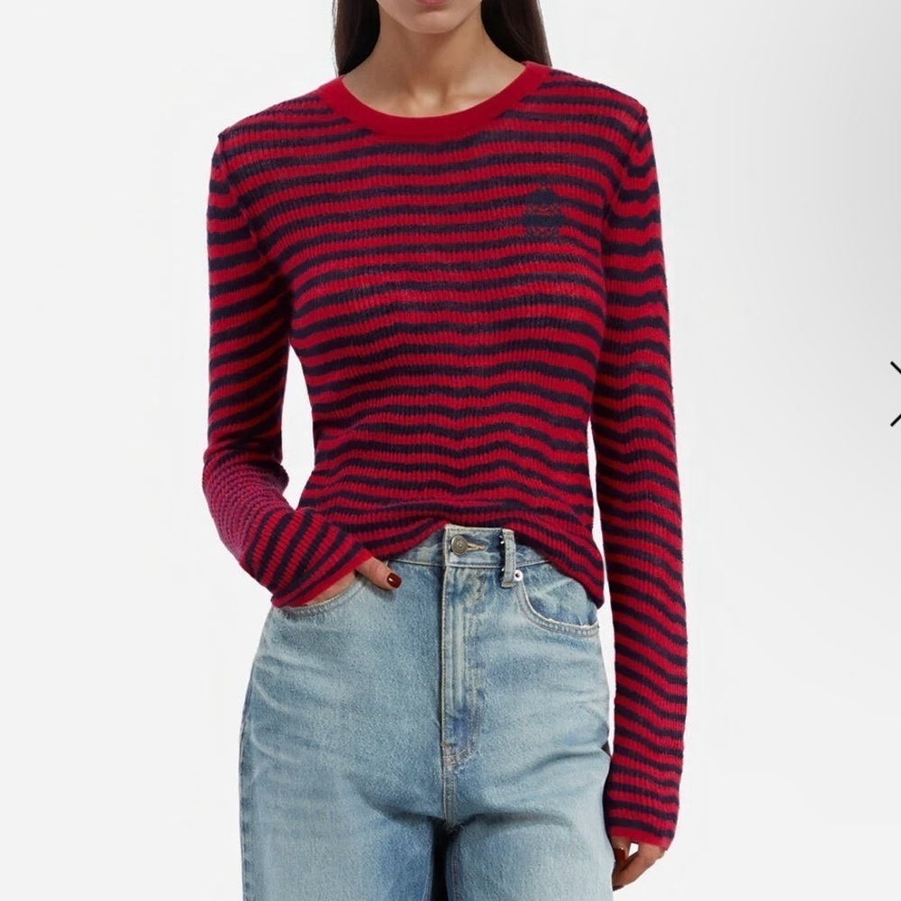 NWT The Kooples RED AND NAVY STRIPED Lightweight MOHAIR SWEATER Size 2 (M) Crest